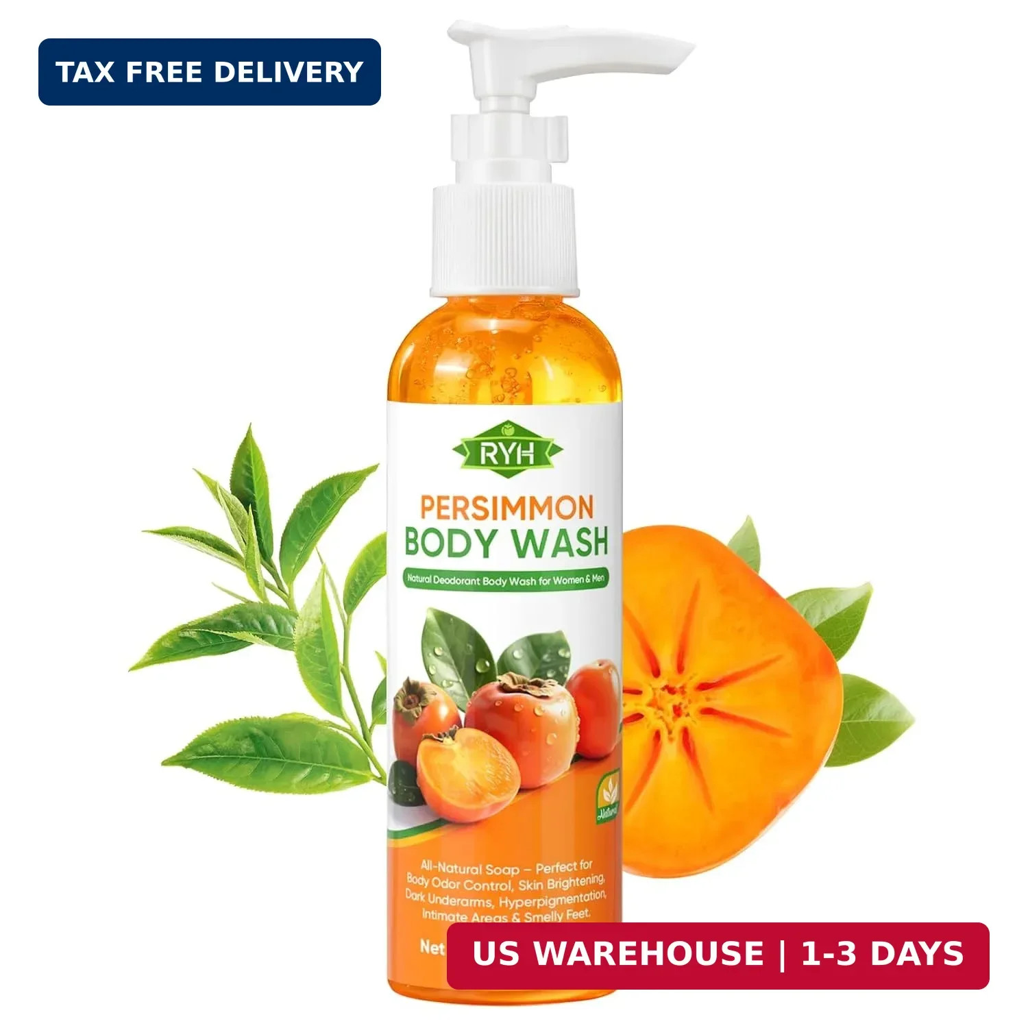 RYH Persimmon Body Wash for Odor Control – Natural Deodorant Soap Unisex 8.5 fl