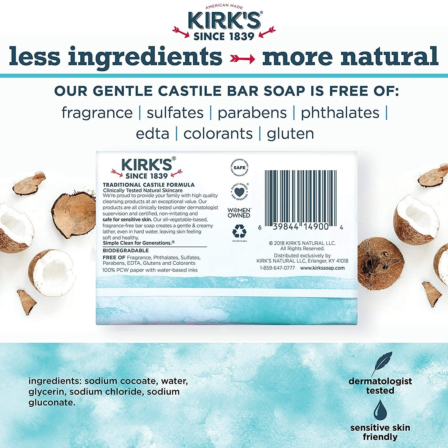 Kirk’s Original Coco Castile Soap Fragrance Free 4 oz (Multi-Pack)