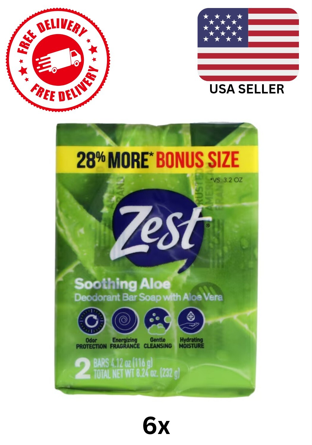 (6x) Twin Packs Zest Soothing Aloe, Deodorant Soap Bars – 12 Total 4 Oz Each.