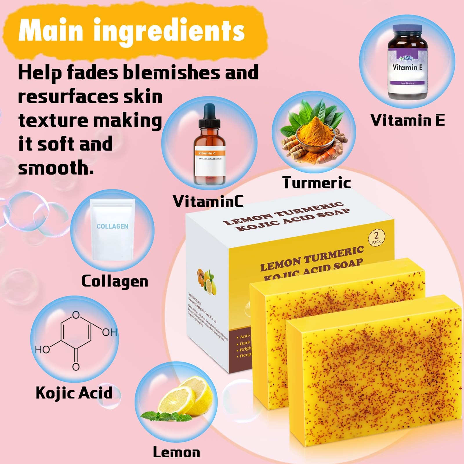 Lemon Turmeric Kojic Acid Soap Bar, Turmeric Soap Bar with Vitamin E for Dry …