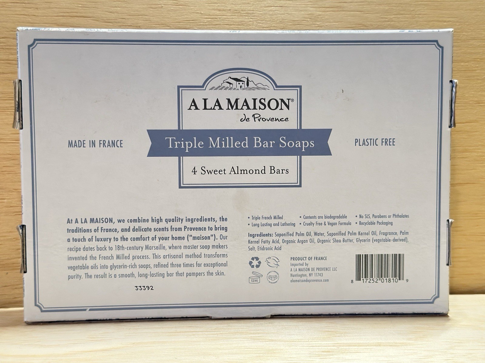 A La Maison Triple Milled Soap Shea Butter Argan Oil 4 Sweet Almond Bars France