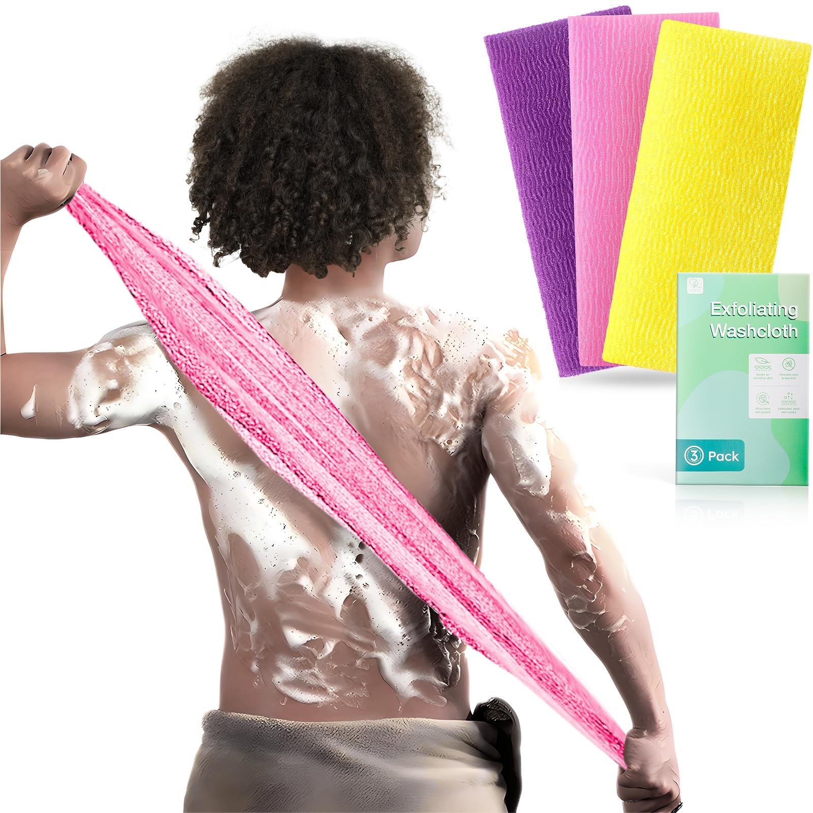 RIUOTA 3 Pieces Exfoliating Washcloth 1 Count (Pack of 3), Yellow Pink Purple