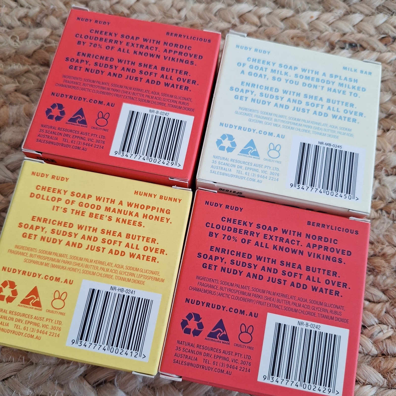 Nudy Rudy Shea Butter Soap Set Hunny Bunny Milk Berrylicious 4 Bars