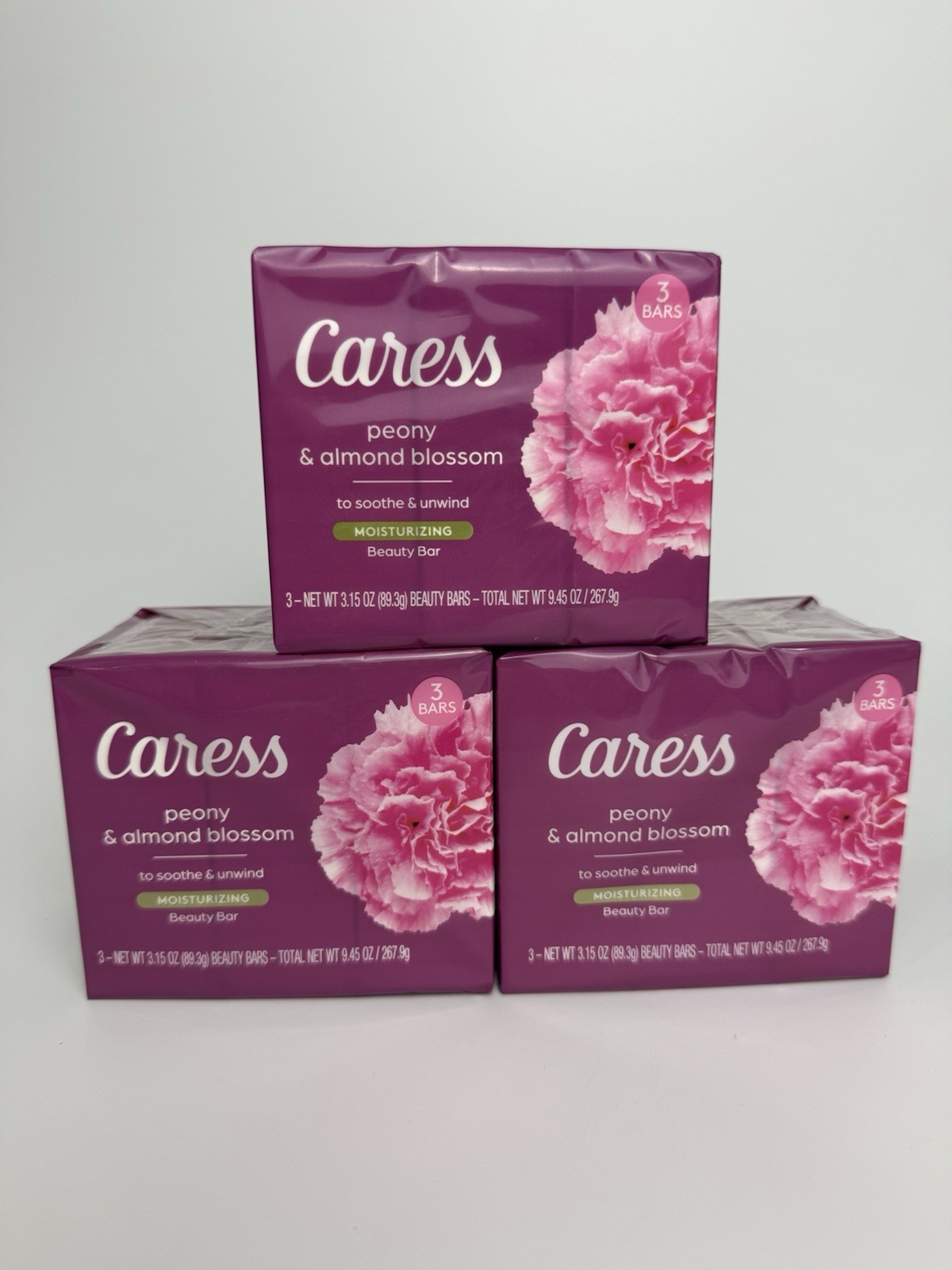 9x CARESS PEONY ALMOND BLOSSOM Bar Soap 3.15 OZ Each 3 Packs Of 3