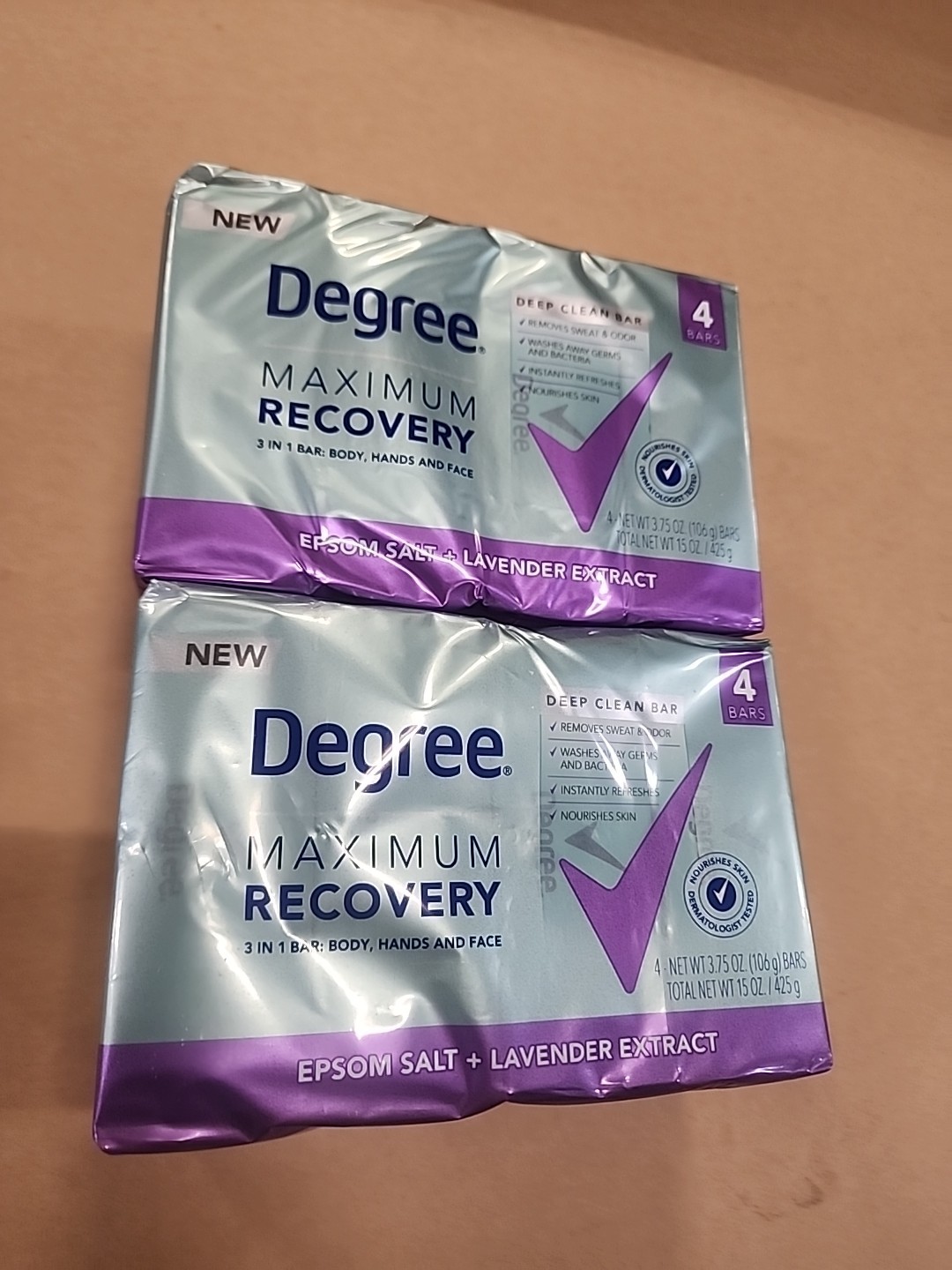 8X Degree Max Recovery 3-in-1 Soap Bar Body Face, Epsom Salt + Lavender 3.75 OZ